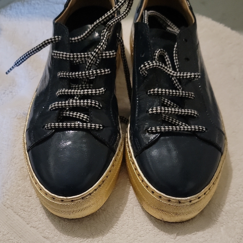 Gold and Blue Patent Sneakers with Stylish Design